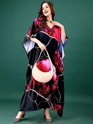 Red and Black Abstract Printed Long Kaftan with Internal Drawstring