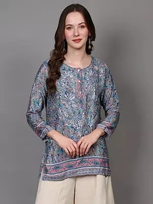 Dusty-Blue Floral Embroidered Short Kurti with Printed Motifs