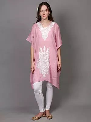 Pink-Dolphin Pure Wool Kashmiri Short Kaftan with Aari Embroidered Paisleys