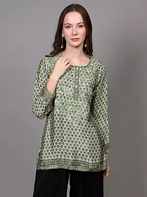 Greenery Crepe Bootis Printed Shorti Kurti with Floral Embroidery