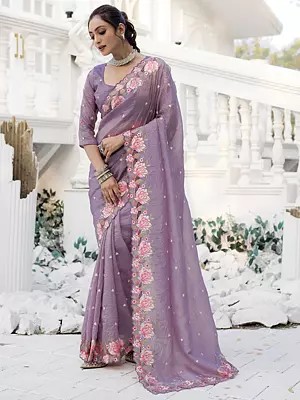 Pure Crush Silk Embroidery And Cutwork Floral Border Party Wear Saree With Matching Blouse