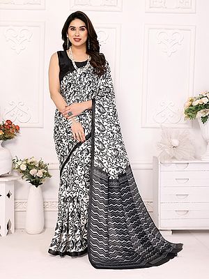 Floral Printed Khadi Attractive Party Wear Saree With Zig-Zag Pattern Pallu