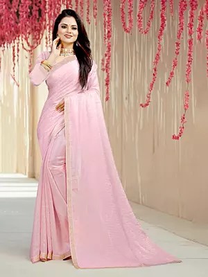 Pastel-Pink Satin Silk Sequins Work All Over Designer Party Wear Saree With Matching Blouse
