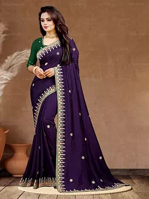 Dark-Purple Vichitra Silk Sequins Work Embellished Party Wear Saree With Blouse