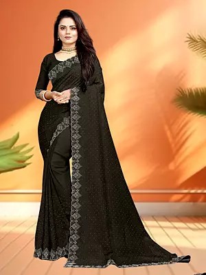 Black Silk Sequins Work Attractive Border Fancy Polka Dots Saree With Blouse