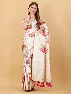 Floral Design Printed With Zari Weaving Work Soft Silk Saree With Tassels Pallu