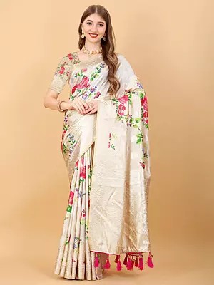 Soft Silk Flower And Leaf Printed Zari Weaving Work Attractive Saree With Blouse