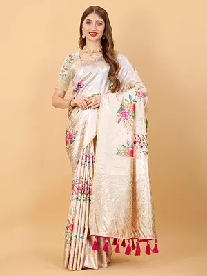 Floral Printed Design Zari Weaving Work Attractive Soft Silk Saree With Tassels Pallu