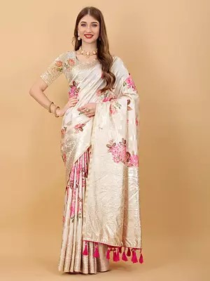 Attractive Soft Silk Floral Print All Over Zari Weaving Work Saree With Tassels Pallu