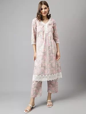 Cotton Floral Printed And Lace Work Attractive Casual Wear V-Neck Co-Ord Kurta Set