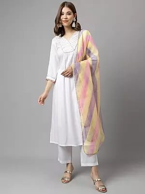 Cotton Lace Work Solid Designer V-Neck Kurta With Matching Bottom And Multicolor Dupatta
