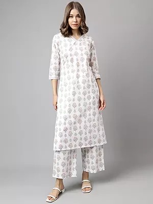 Floral Printed All Over Solid Designer Casual Wear V-Neck Cotton Co-Ord Kurta Set