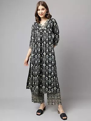 Ethnic Motifs Printed All Over V-Neck Designer Cotton Kurta With Palazzo