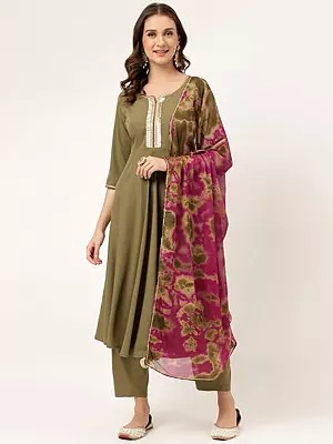 Sequins Work On Neck Solid Attractive Poly Crepe Party Wear Kurta With Bottom And Dupatta
