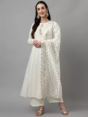Cotton Flared Strips Pattern Festive Wear Long Kurta Set With Weaving Work Dupatta