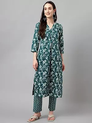 Floral Printed Cotton Attractive Party Wear Kurta With Zig-Zag Pattern Bottom