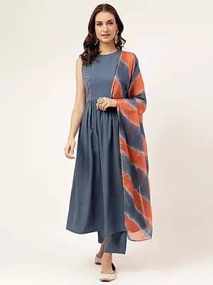 Designer Poly Crepe A-Line Party Wear Kurta With Bottom And Multicolor Dupatta