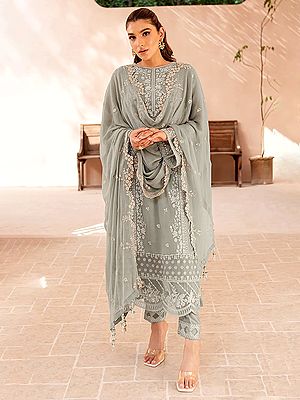 Floral Embroidery And Sequins Work Elegant Festive Wear Georgette Salwar Suit With Dupatta