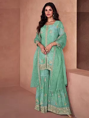 Georgette Embroidery Work Designer Party Wear Palazzo Set With Attractive Tassels Dupatta