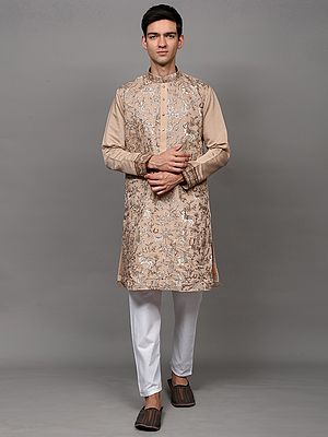 Metallic-Thread Embroidered Kurta Pajama with Floral Fauna Motifs and Sequins work