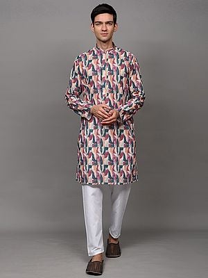 Multicolor Chikankari Embroidered Kurta Pajama Set with All-Over Printed Pattern and Sequin Work