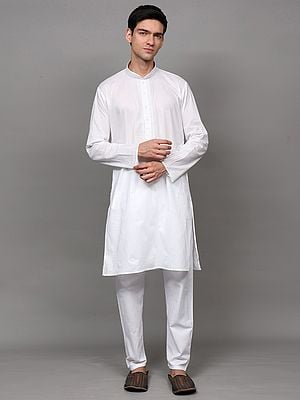Lucent-White Cotton Kurta Pajama Set with Embroidery on Neck