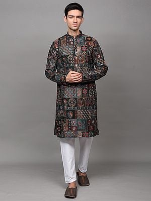 Bottle-Green Georgette Wedding Kurta Pajama with All Over Sequins and Intricate Multicolor Thread Embroidered Floral Fauna Motifs