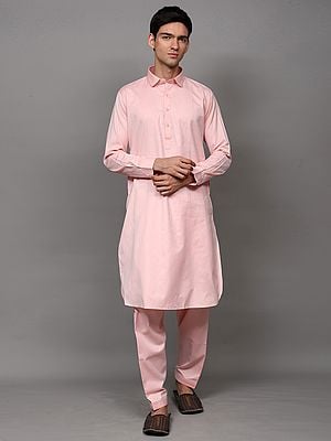 Seashell-Pink Polycotton Plain Pathani Kurta Pajama Set