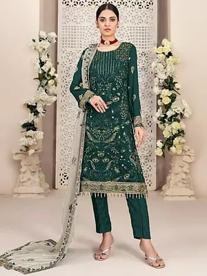 Heavy Embroidery And Sequins Work Kurta With Matching Bottom And Long Dupatta