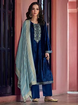 Velvet Embroidery And Sequins Work Round Neck Long Kurta With Matching Bottom And Jacquard Dupatta