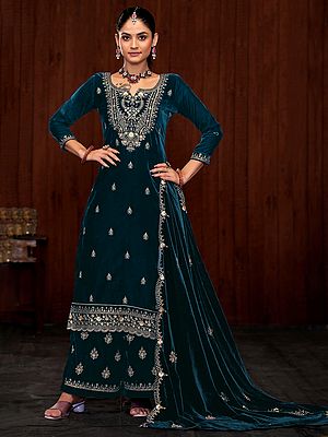 Fancy Embroidery And Sequins Work Festive Wear Kurta With Palazzo And Matching Chinon Dupatta
