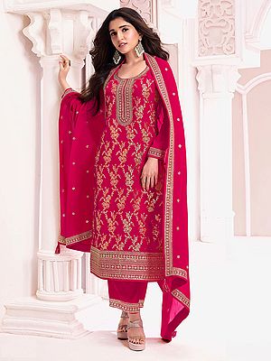 Rose-Red Round Neck Embroidery And Sequins Work Festive Wear Salwar Suit With Matching Dupatta