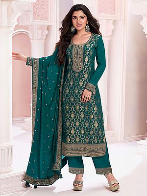 Deep-Teal Jacquard Viscose Embroidery And Sequins Work Festive Wear Round Neck Salwar Suit With Dupatta