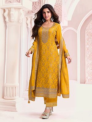 Bee-Yellow Attractive Embroidery And Sequins Work Full Sleeve Festive Wear Salwar Suit With Tassels Dupatta