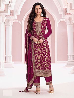 Rose-Bud-Cherry Attractive Embroidery And Sequins Work Floral Party Wear Salwar Suit With Matching Tassels Dupatta