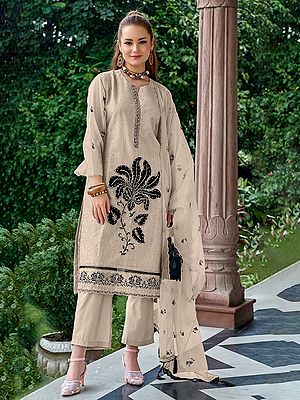 Floral Embroidery Work Kurta With Bottom And Matching Dupatta For Casual Occasion
