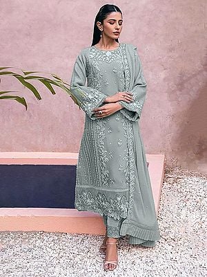 Georgette Floral Embroidery Work Attractive Kurta With Bottom And Dupatta For Festive Occasion