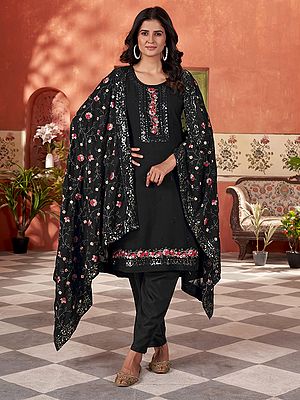 Georgette Embroidery And Sequins Work Round Neck Fancy Kurta With Matching Bottom And Dupatta