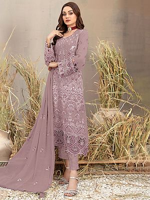 All Over Floral Embroidery Work Long Georgette Kurta With Matching Bottom With Dupatta For Casual Occasion
