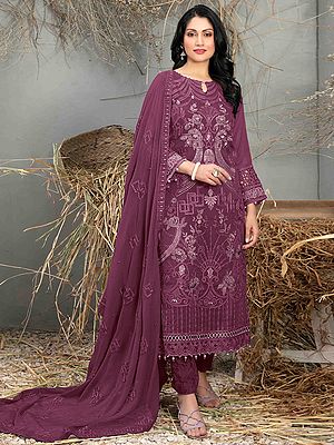 Embroidery And Sequins Work Long Fancy Long Georgette Kurta With Matching Bottom Dupatta