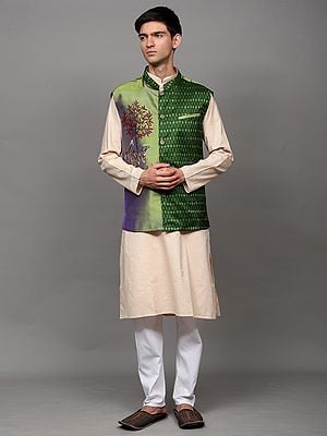 Mint-Green Pure Silk Fluting Radha Krishna Waistcoat with Ikat Weave