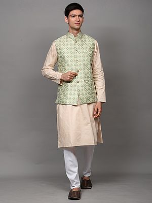 Paster-Green Thread Embroidered Waistcoat with Front Pockets
