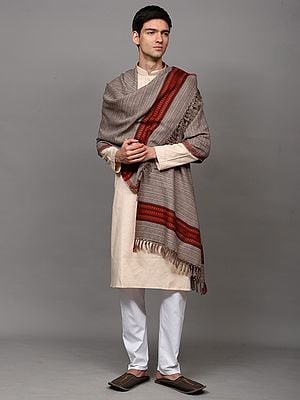 Vintage-Khaki Stripe Woven Stole with Kinnauri Border from Kullu