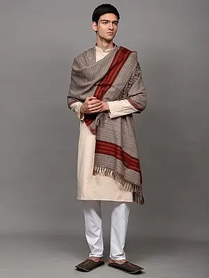 Vintage-Khaki Stripe Woven Stole with Kinnauri Border from Kullu