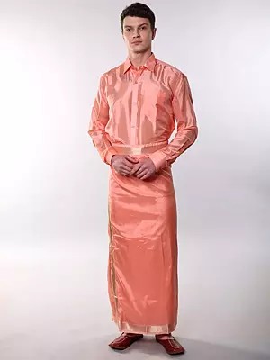 Full Sleeve Art Silk Shirt with Matching Zari Border Adjustable Mundu