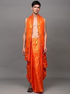 Pure Silk Dhoti with Angavastram Set with Golden Thread Weave on Border