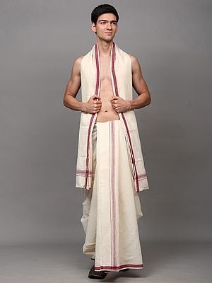 Off-White Plain Drape Dhoti and Angavastram Set with Striped Border