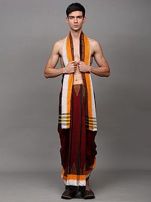 Biking-Red Pure Cotton Dhoti and Angavastram Set with Woven Temple Border from Sambalpur