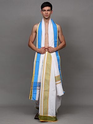 Bright-White Traditional Dhoti with Angavastram Set and Contrast Stripes Border