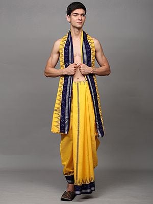 Spectra-Yellow Drape Dhoti with Angavastram Set with Ikat Woven Temple Border from Sambalpur